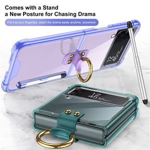 Porte-anneau de luxe clair Vogue Coque de téléphone pour Samsung Galaxy Folding Z Flip4 5G Protection complète Soft Bumper Support transparent Fold Shell avec stylo capacitif