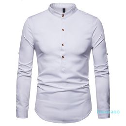 Luxe-opgerolde Sleeve Shirt Heren 2021 Herfst Stand Kraag Heren Jurk Shirts Chemise Homme Henry Tops Camiseta Heren Casual