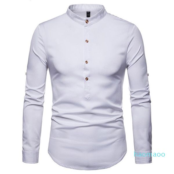 Camisa de manga enrollada de lujo para hombre, otoño 2021, cuello levantado, camisas de vestir para hombre, Chemise Homme Henry, Tops, Camiseta informal para hombre