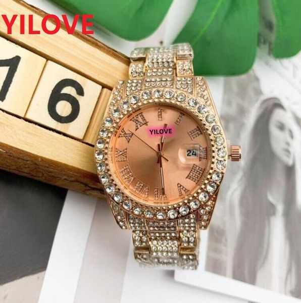 Luxe Roman Bling Hip Hop Plein Glacé Montre 40mm Quartz Strass Diamants Montres Hommes Femmes Argent Rose Or Montre-Bracelet usine montre de luxe