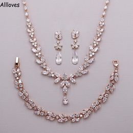 Luxury Rose Gold Zirconia Cúbica Joya para nupcias Pendientes de lágrima Accesorios de mujeres de plata para joyas de boda Pendientes Collar 2994