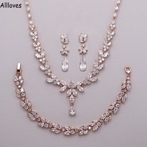 Luxe roségouden kubieke zirkonia bruids sieraden traan oorbellen zilveren vrouwen accessoires voor bruiloft juwelen sets oorbellen ketting 2994