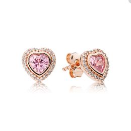 Luxe roségouden hartstop oorbel voor Pandora 925 Sterling Silver Wedding Sieraden Designer oorbellen voor vrouwen Pink Crystal Diamond Earring met originele doos