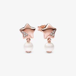 Luxe roségouden gelukkige ster Pearl Dangle -oorbellen voor Pandora Wedding Party Sieraden Designer oorbel voor vrouwen 925 Silver Stud Earring met originele doos