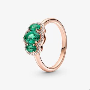 Luxe roségouden vintage ringen voor Pandora Three Stone Ring Set Wedding Party sieraden voor vrouwen Girls Green Crystal Diamond Designer Ring met originele doos