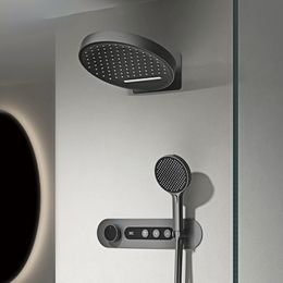Système de douche en laiton gris rond de luxe Affichage numérique intelligent avec quatre fonctions Tap de douche à double commande froide et chaud