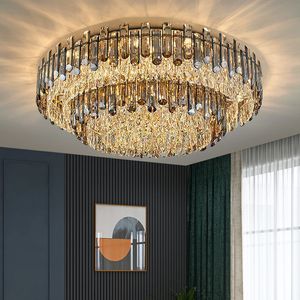 Luxe ronde rokerige grijze K9 kristallen plafondlampen eenvoudige moderne grote kroonluchters hanglampen met E14 LED -lamp voor woonkamer foyer restaurant Hotel