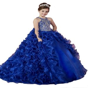 Luxe Royal Blue 2018 Girls Pageant Jurken Organza Ruffled Crystal kralen Princess Ball Jurken Kinderfeest voor bruiloft Flower Girl Dress 295C
