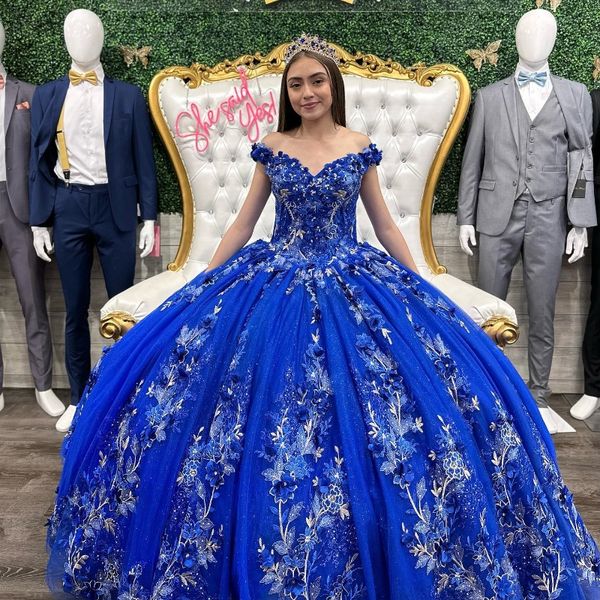 Vestidos de quinceañera de flores en 3D, azul real de lujo, vestido de baile de princesa con apliques, 16 vestidos de corsé, 2024