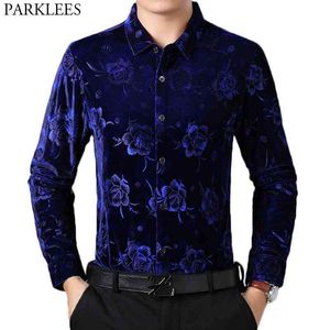 Luxe Royal Blue Floral Fluwelen Jurk Shirt Heren Slanke Fit Lange Mouw Velours Shirt Mannen Casual Button Down Party Social Camisas 210522