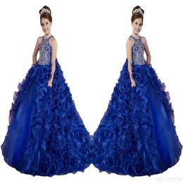 Luxe Bleu Royal Petites Filles Pageant Robes À Volants Cristal Perles Princesse Danse Robes De Bal Enfants Fête Pour Le Mariage Fille De Fleur 257s