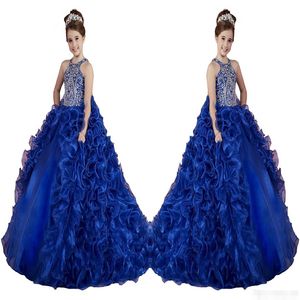 Luxe bleu royal petites filles Pageant robes à volants perles de cristal princesse danse robes de bal enfants fête pour mariage fleur fille 1845