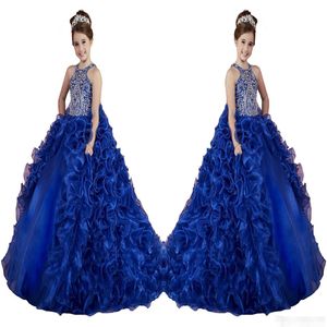 Luxe bleu royal petites filles Pageant robes à volants perles de cristal princesse danse robes de bal enfants fête pour mariage fille de fleur 195P