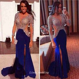 Luxe Royal Blue Mother of the Bride Dress Transparent Crystal Beads Formele Bruiloft Jurk Avondjurk Plus Size Vestido de Madrinha