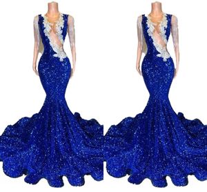 Luxe Royal Blue Plus Size Mermaid avondjurken o nek illusie lovertjes Tassel formele slijtage beroemdheid verjaardag tweede receptie speciale gelegenheid prom jurk