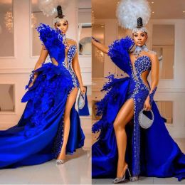 Robe de bal de luxe bleu royal pour filles noires 2024 col haut perlé manches longues sexy avant fendue grande taille robes de soirée formelles