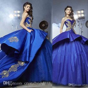 Luxe Royal Blue Quinceanera Jurken Baljurk met peplum Sweetheart Gold Borduurwerk Tule Sweet 16 Sweep Train Custom Pageant Prom-jassen