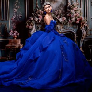 Luxe Royal Blue Quinceanera Dresses Ball Jurk Sparkly Applique Lace Beads Feather Corset Princess 16 Dress Party Vestidos de 15 Anos