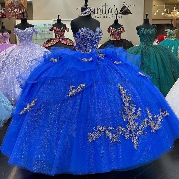 Vestidos de quinceanera azul de lujo royal boque lentejuelas lacas de encaje