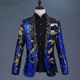 Luxe Royal Blue Sequin Jurk Blazer Heren Nachtclub Stage Sjaal Kraag Mens Pakjas Bruiloft Stage Blazer Masculino 2XL 201105