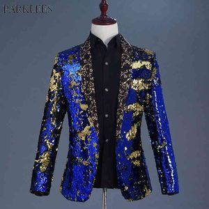 Luxe Royal Blue Sequin Robe Blazer Hommes Discothèque Scène Col Châle Mens Costume Veste De Mariage Scène Blazer Masculino 2XL 2XL 210522