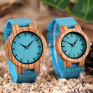 Luxe Koningsblauw Houten Horloge Top Quartz Horloge 100% Natuurlijke Bamboe Klok Casual Lederen Band Valentijnsdag Cadeaus voor Me266M