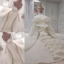 Luxe ruches trouwjurken 2018-2019 kant van de schouder kapel bruidsjurken met afneembare trein op maat gemaakt bruiloft vestidos