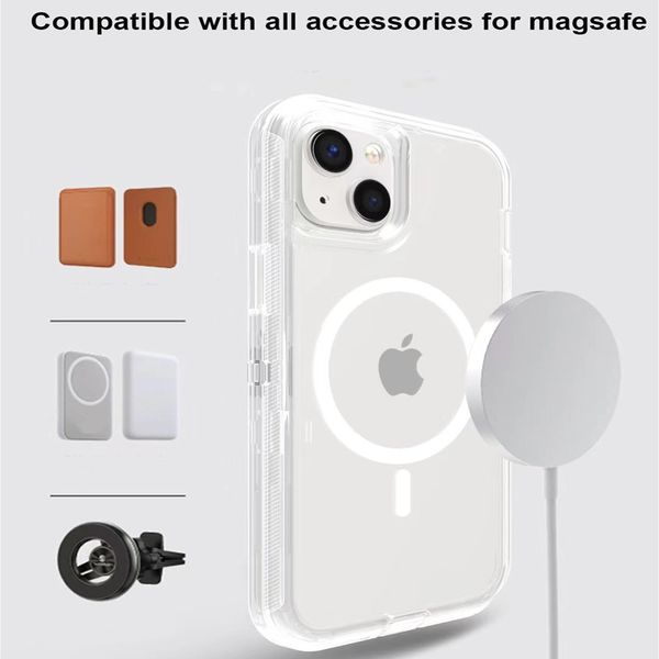 Funda magnética transparente resistente de lujo para Iphone 15 Pro Max 14 13 12 Funda Magsafe Armor Defender a prueba de golpes Tpu PC Magnética 3 en 1 Fundas resistentes