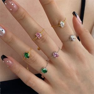 Luxe S925 Sterling Silver Solitaire Ring Designer voor vrouw 5a Cubic Zirconia Love Green Pink Diamond Link Chain Rings Sieraden Geschenkdoos Opening verstelbaar