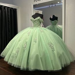 Luxury Sage verde fuera del hombro mexicano quinceanera dossess aplique beads de encaje tull encaje up vestido 15 quinceaneras