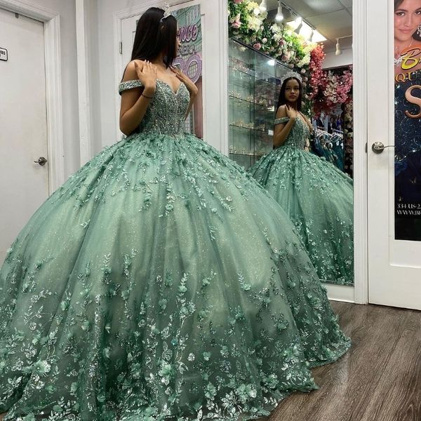 Luxe sauge brillant Quinceanera robes dentelle fleur perles robe de bal doux 16 ans robe de princesse pour 15 ans vestidos de anos