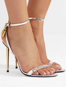 Luxe sandaal hoge hakken lock riem schoen Dames schoenen hangslot sandalen echt leer puntige enkelbandjes gouden hak spitse neus nappaleer met doos