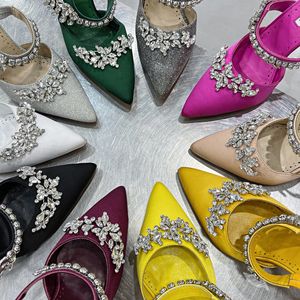 Sandalias de lujo Bombas de marca Zapatos de tacón alto para mujer Zapatillas de moda Stiletto Punta de trigo Oreja Rhinestone Zapatos individuales Satén 2022 VERANO Nuevos zapatos de boda