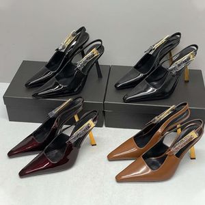 Escarpins de luxe femmes en cuir verni à talons hauts sandale boucle dorée talons aiguilles à enfiler chaussures de fête de mode chaussures habillées avec boîte 502