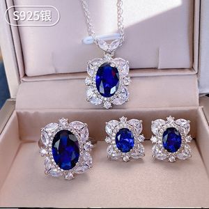 Luxe saphir diamant ensemble de bijoux Original 925 en argent Sterling fête anneaux de mariage boucles d'oreilles collier pour femmes bijoux