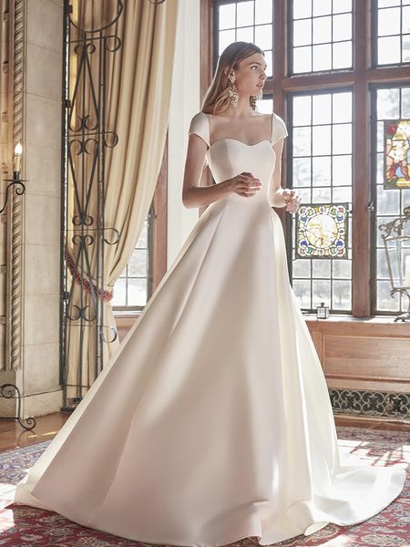 Luxe Satin Église Robe De Mariée 2024 Élégant Vintage Boho Mariage Robes De Mariée Ivoire Blanc Une Ligne Arabe Dubaï Robe De Noiva Charmant Train Robes De Mariée Formelles