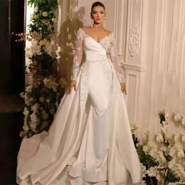 Robe de mariée sirène en satin de luxe, en dentelle, fleurs, perles, épaules dénudées, manches longues, avec train détachable, jupes sexy, nouvelle collection