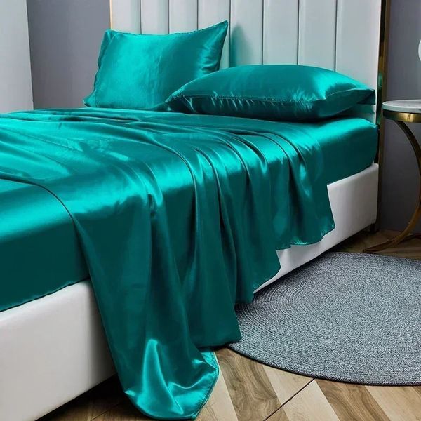 Juego de sábanas de tamaño Queen de tela satinada de lujo, Sábana ajustable de alta calidad, funda de almohada plana, juegos de sábanas sólidas 240226