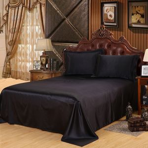 Satin de luxe Drap plat Lit adulte solide matelas protecteur drap de soie en gros noir rouge soyeux reine double draps seulement 201113