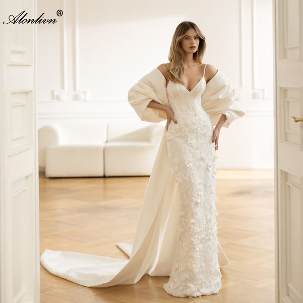 Luxury Satin Robe à arc amovible Spaghetti Stracts Sirène Robes de mariée Sans manches perles de fleurs 3D imprimés Trumpet Bouilles nuptiales 2024