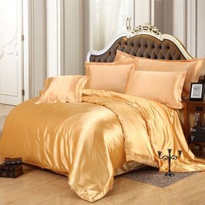 Luxe Satijn Zijde Beddengoed Sets Dekbedovertrek Platte Lading Twin Volledige Queen King Size 4pcs / 6 Stks Linnen Set Zwart 100% Golden 48 201022