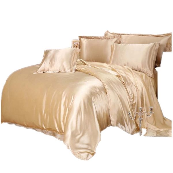 Conjuntos de ropa de cama de seda satinada de lujo Funda nórdica Sábana ajustable Twin Full Queen King Tamaño 4pcs / 6pcs Juego de lino Negro 100% dorado 201021