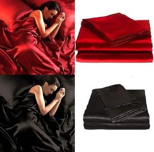 Ensemble de draps de lit ajusté en soie en soie en satin de luxe - Black Red10 240410