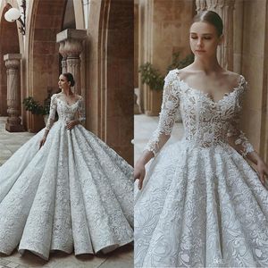 Luxe Saoedi-Arabische 2019 Trouwjurken Lange Mouwen Scoop V-hals Dubai Crystal Beaded Lace Bridal Jurken Vestido de Novia