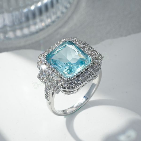 Bague de fiançailles en zircon de couleur bleu mer de luxe pour femmes cadeau d'anniversaire bijoux en gros