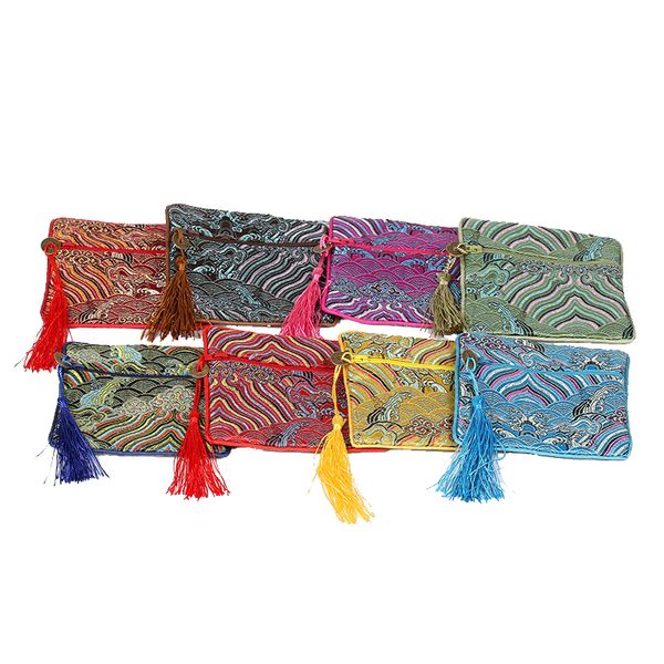 Bolsas de lujo con cremallera y borlas de agua de mar, monedero pequeño, bolsas de recuerdo de seda china, bolsa de joyería brocada, bolsa de regalo de boda de Navidad, 10 unids/lote