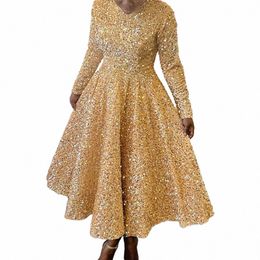 Robe à paillettes de luxe pour femmes, col rond, manches longues, taille haute, longueur cheville plissée, élégante fête d'anniversaire, dîner Dr S61g #