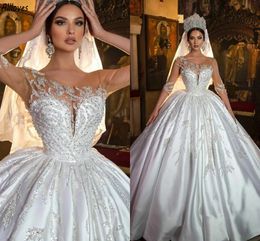 Luxe pailletten beadelen retro baljurk trouwjurken illusie lange mouwen o-neck prinses bruidsjurken gezwollen elegante satijn dubai arabische vestidos de novia cl3093