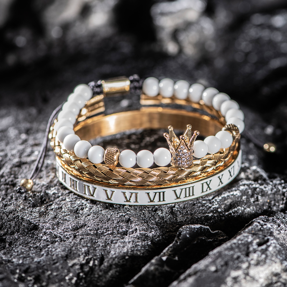 Luxe Set Kroon Charm Goud Kleur Schedel Armband Roestvrij Staal Mannen Wit Emaille Romeinse Aantal Armbanden Europa Mode-sieraden