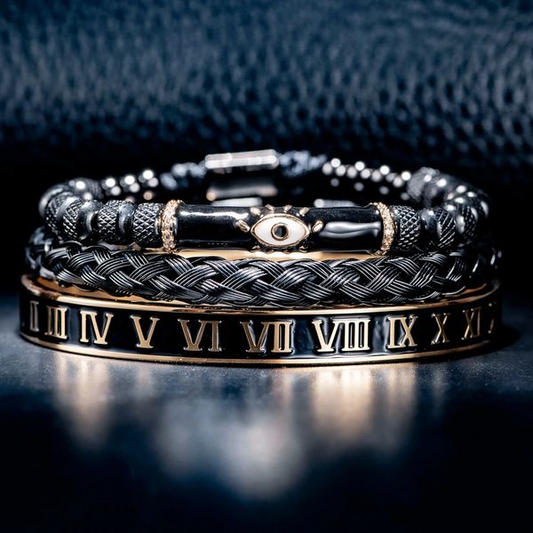 Ensemble de luxe Bracelet oeil en émail Bracelet romain breloque couronne royale hommes en acier inoxydable géométrie Pulseiras ouvert bijoux réglables240125